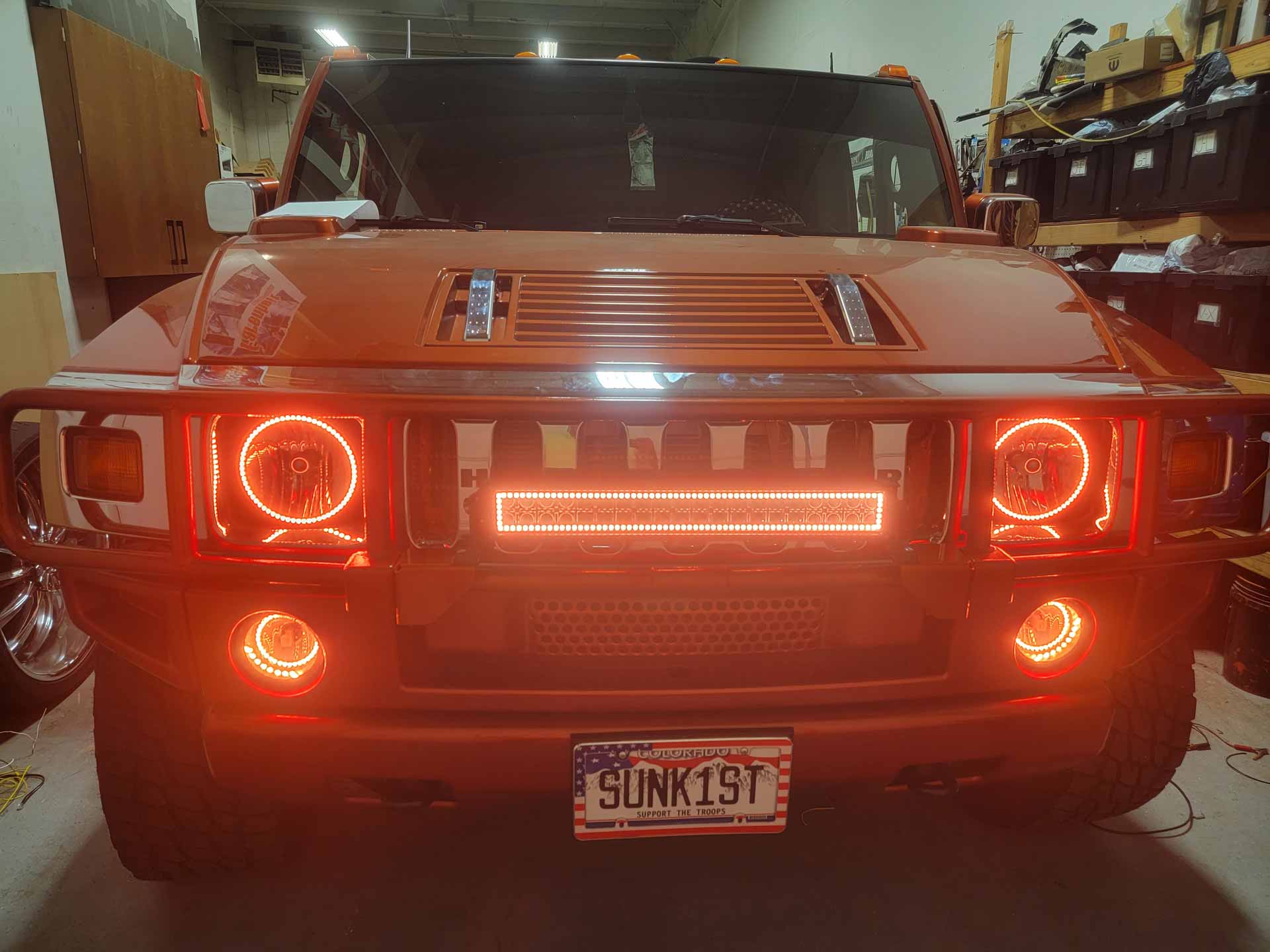 Hummer with custom red LED headlights